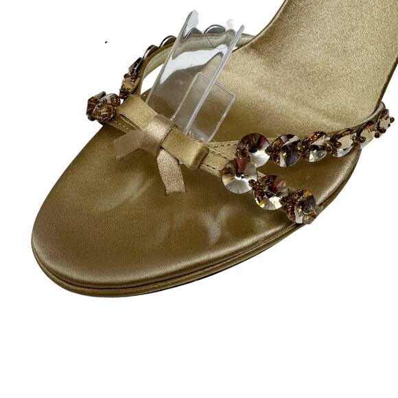 Prada Jeweled Satin Ankle Strap Heels Gold Bow Embellished Sandals 37 - Picture 4 of 10